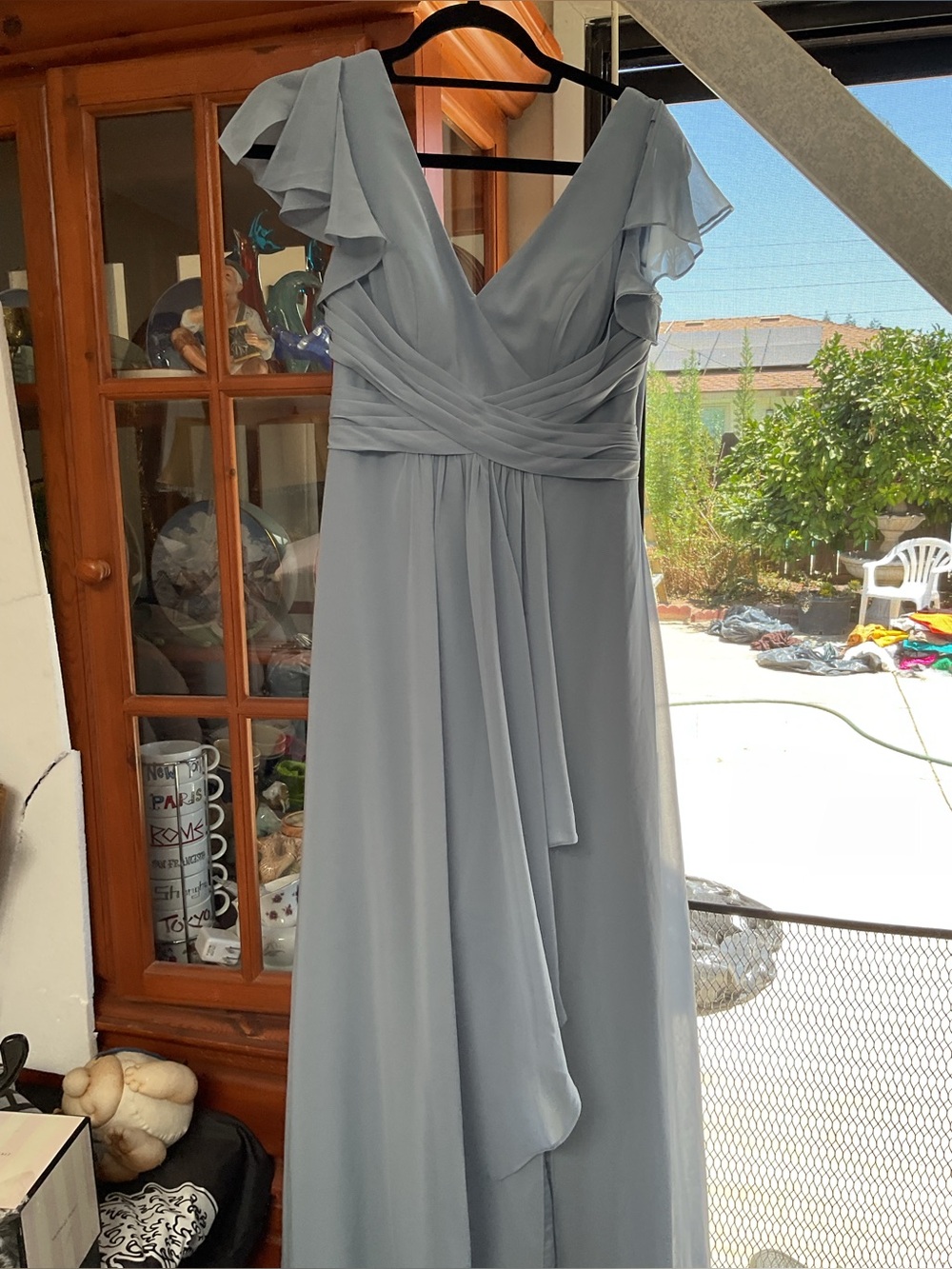 AZAZIE Elegant Light Blue Flutter Sleeve V-Neck Evening Dress